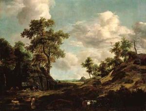 An extensive wooded landscape with a shepherd and his flock by an old barn by (follower of) Ruisdael, Jacob I. van