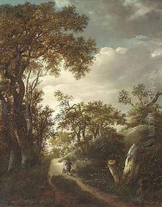 A wooded landscape with a man carrying water on a track, two figures near a gate beyond