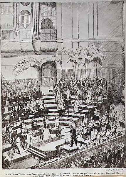 At The Prom Sir Henry Wood conducting his Symphony Orchestra in one of this year's successful series of Promenade Concerts at the Queen's Hall, organised by the British Broadcasting Corporation - view 1