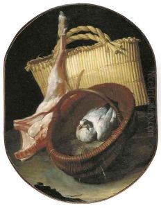 A still life with two baskets and a pigeon by Arcangelo Resani