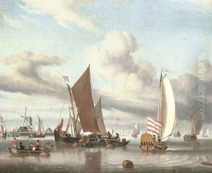 Shipping in a calm sea off a jetty by Jan Claes Rietschoof