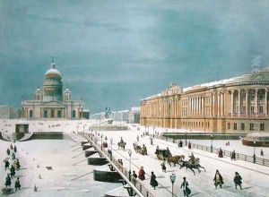The Isaac Cathedral and the Senate Square in St Petersburg, 1840s by Roussel, Paul Marie