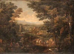 An extensive Italianate river Landscape with Travellers and Packmules on a Track, a Villa beyond