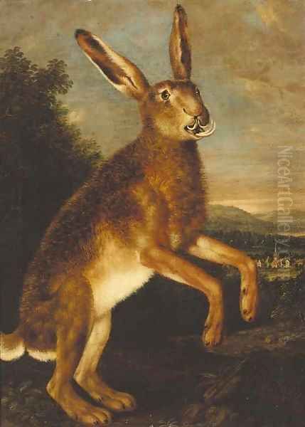 A prancing hare, with a town beyond - view 1