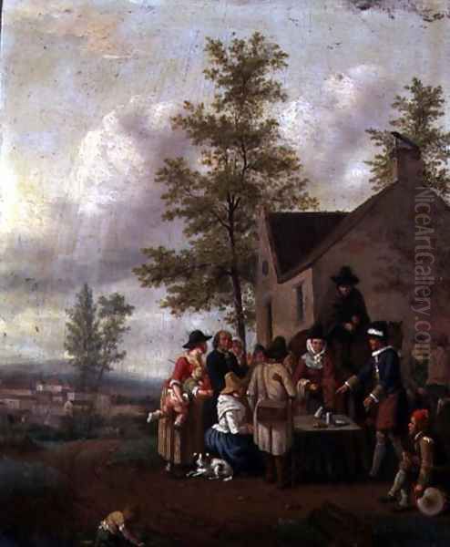 A Magician Performing to a Crowd Outside a Tavern - view 1