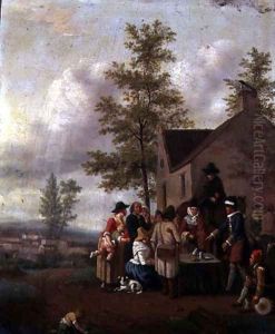 A Magician Performing to a Crowd Outside a Tavern by Nicolas Louis Albert de la Rive