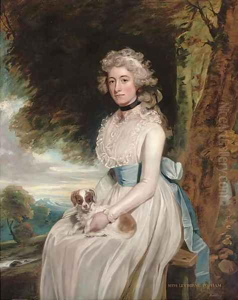Portrait of a lady, traditionally identified as Miss Leyborne Popham, three-quarter-length, in a white dress with a blue sash, a dog on her lap - view 1