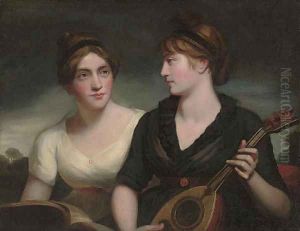 A double portrait of sisters, half-length, one in a black dress playing a lute, the other in a white dress holding a musical score, a landscape beyond by George Romney