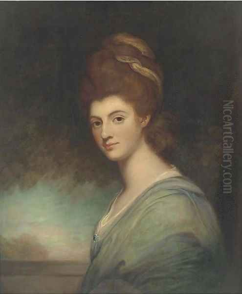 Portrait of a lady, bust-length, in a turquoise dress - view 1
