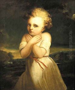 Portrait of a girl, standing small three quarter length in a landscape, wearing a white dress, being frightened by the weather