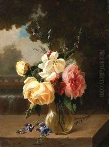 A vase of flowers on a stone ledge by a waterfall by Henri Robbe