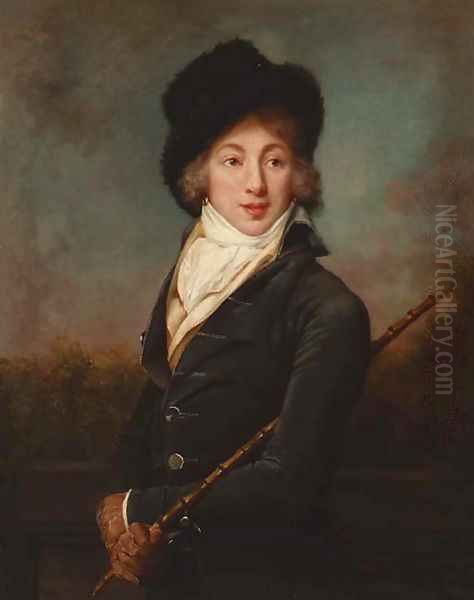 Portrait of Auguste Vestris, three-quarter-length, in a dark grey velvet jacket and a fur hat, a cane in his right hand - view 1