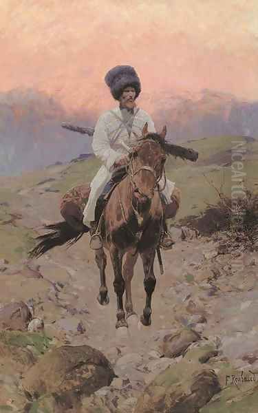 A Cossack on horseback at sunset - view 1