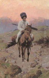 A Cossack on horseback at sunset by Frants Alekseevich Rubo