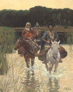 A Cherkesse family fording a river by Frants Alekseevich Rubo