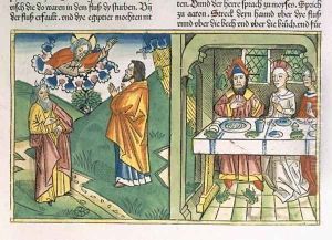 Exodus 8 1-15 The Seven Plagues of Egypt Moses and the plague of frogs, from the Nuremberg Bible Biblia Sacra Germanaica by Room, Henry