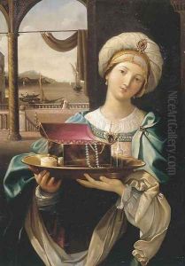 A lady holding a silver plate with a jewellery box, a harbour in the distance
