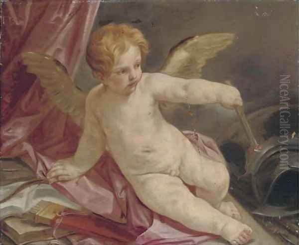 An Allegory of Love triumphant over War Cupid reclining on a couch with a torch, armour beside him - view 1