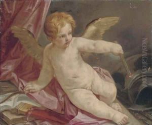 An Allegory of Love triumphant over War Cupid reclining on a couch with a torch, armour beside him by Guido Reni