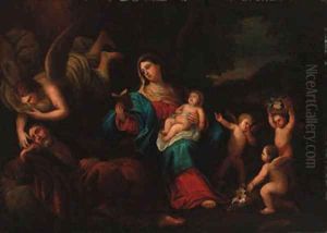 The Holy Family with an angel and putti in a landscape by Guido Reni
