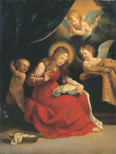 The Virgin sewing, accompanied by two Angels and a putto - view 1
