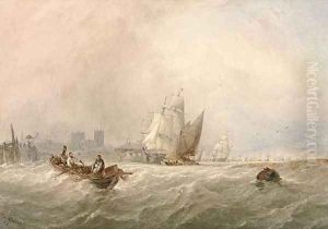 Fishermen hauling in their nets on the Medway amidst other shipping, Rochester Cathedral beyond