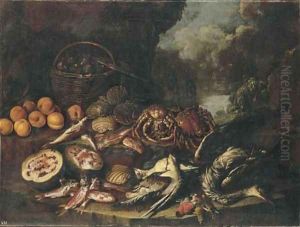 Figs in a basket, peaches, a watermelon, scallops, crabs, dead fish and birds on a ledge in a landscape