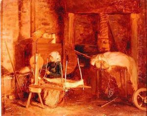 An Elderly Woman Winding Hemp near a Press