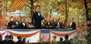 Abraham Lincoln and Stephen A. Douglas debating at Charleston, Illinois on 18th September 1858, 1918 by Robert Marshall Root
