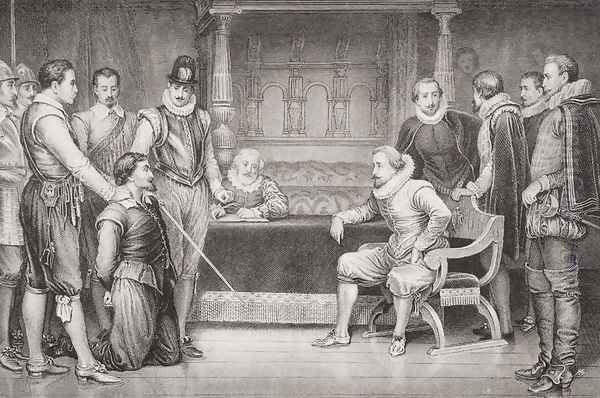 Guy Fawkes 1570-1606 interrogated by James I 1566-1625 and his council in the King's bedchamber, from Illustrations of English and Scottish History Volume I - view 1