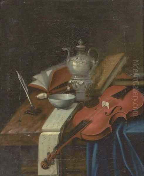 A violin, a recorder, a music score, a quill and ink, a silver teapot and books on a partially draped table - view 1