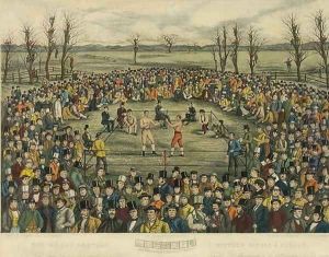 The Great Contest between Sayers and Heenan for 200 Pounds a side, engraved by J. R. Mackrell and J.B. Rowbotham by Rowbotham, J.B. & Brown, J.