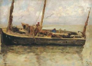 A fishing boat at sea by Charles Emmanuel Joseph Roussel
