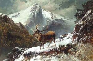 A stag in a midnight winter landscape by Clarence Roe