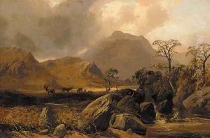 Stags in a Highland landscape by Clarence Roe