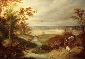 An extensive wooded landscape with a waggon at a ford