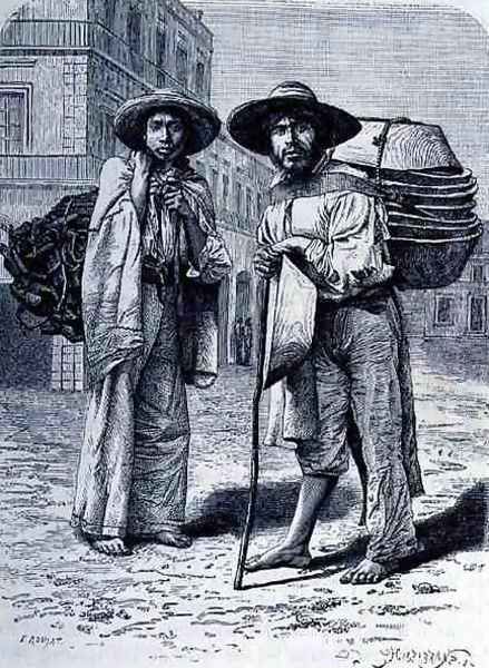 Charcoal and Batteas Vendors, from The Ancient Cities of the New World, by Claude-Joseph-Desire Charnay, engraved by Henri-Theophile Hildebrand 1824-97, pub. 1887 - view 1