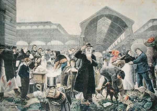 Soup Stand at Les Halles Market in the Morning, illustration from Le Petit Journal, 2nd March 1897, engraved by Fortune-Louis Meaulle 1844-1901 - view 1