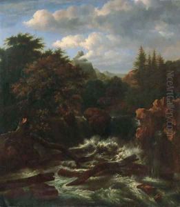 A traveller on a rock by a waterfall in a wooded landscape by Isaak van Ruisdael