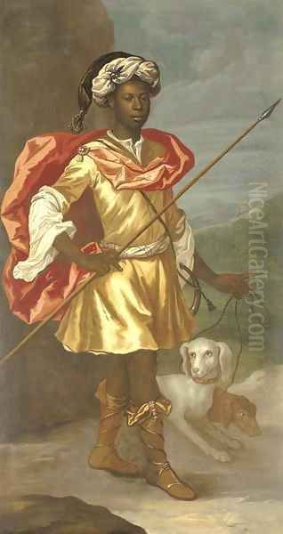 Portrait of a Moorish servant, full-length, in classical hunting dress and a turban, with a couple of hounds - view 1