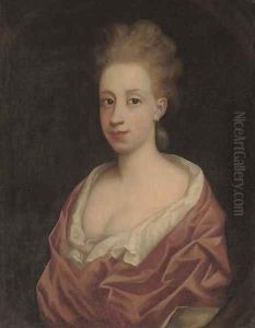 Portrait of a lady, bust-length, in a white dress and pink wrap, in a feigned oval