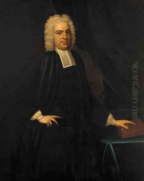 Portrait of John Eyre (b.1693) of Landford, Wiltshire, three-quarter-length, pointing to a book on a draped table - view 1