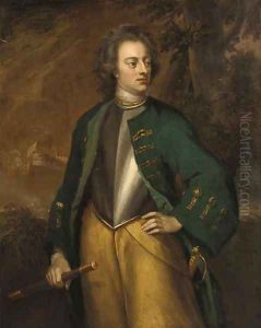 Portrait of a gentleman, standing three-quarter-length, in a green coat and breastplate, holding a baton, a battle raging beyond