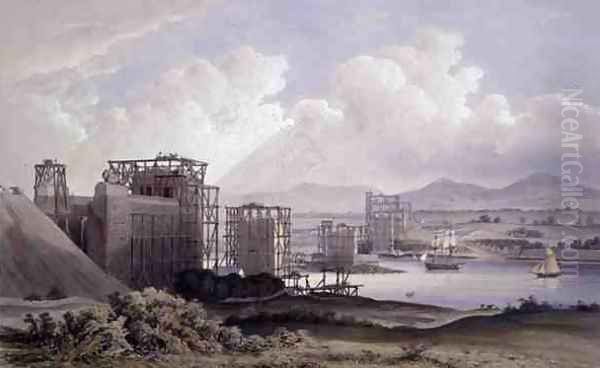 Britannia Tubular Bridge over the Menai Straits, taken during construction in 1848, lithograph by Day and Son, 1848 - view 1