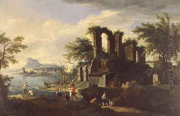 An Italian coastal landscape with fisherfolk - view 1
