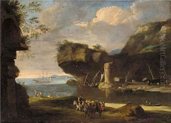 A Mediterranean costal inlet with figures on the shore - view 1