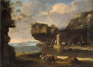 A Mediterranean costal inlet with figures on the shore