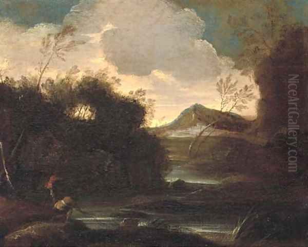 A wooded river landscape with fishermen, mountains beyond - view 1
