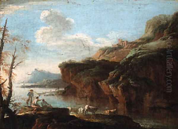 A coastal landscape with herdsmen on the shore - view 1