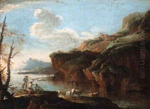 A coastal landscape with herdsmen on the shore by Salvator Rosa